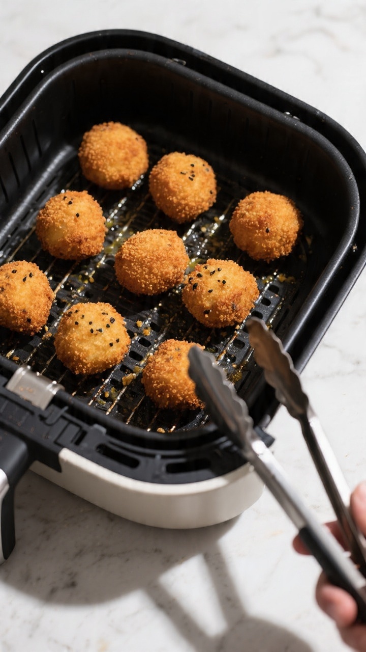 Cooking process: Overhead shot of a single layer of breaded arancini spaced apart in an air fryer ba
