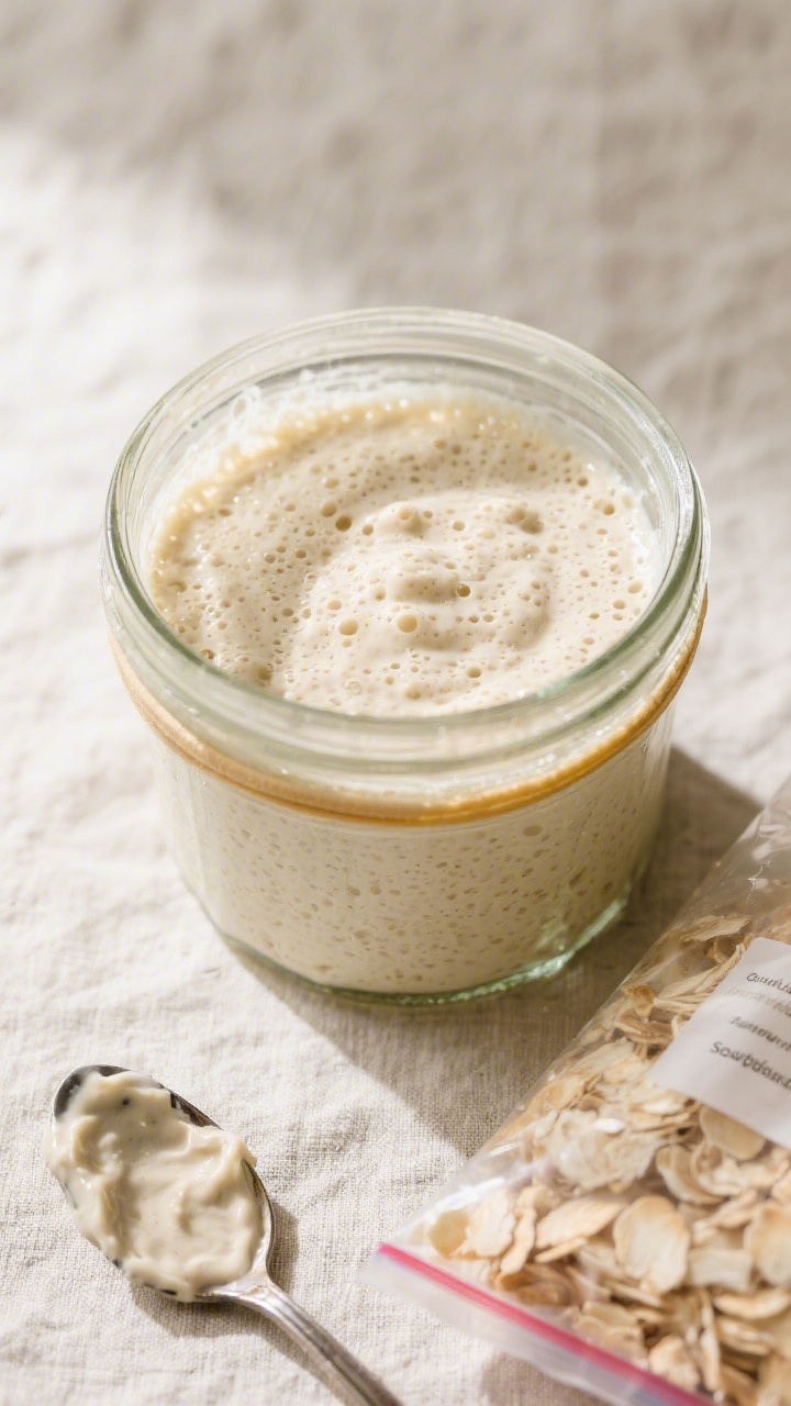 Cooking process: Overhead shot of active, revived sourdough starter in a clear glass jar during peak
