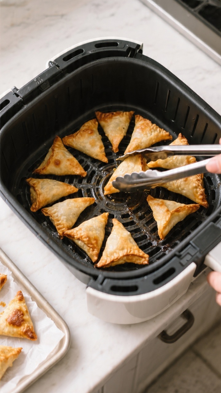 Cooking process: Overhead shot of an air fryer basket mid-cook at 375°F, a single layer of neatly a
