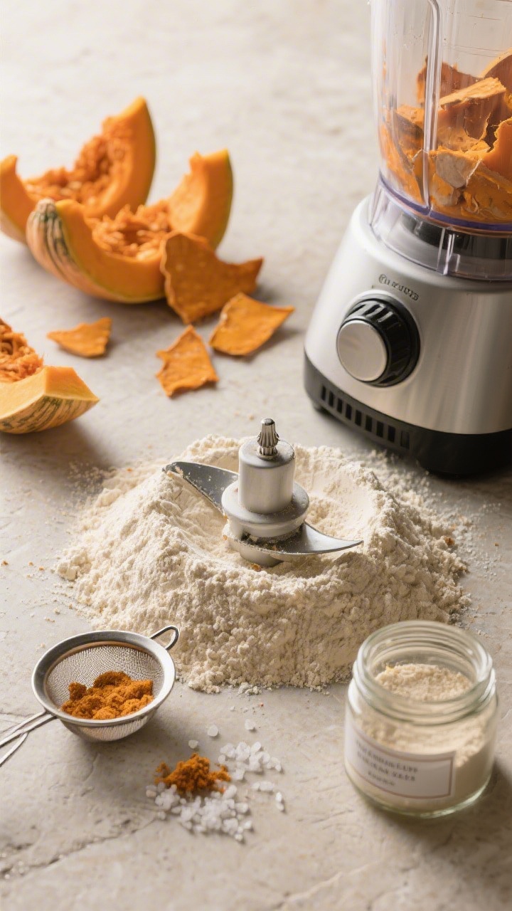 Cooking process: Overhead shot of cooled pumpkin leather pieces being ground into a fine powder in a