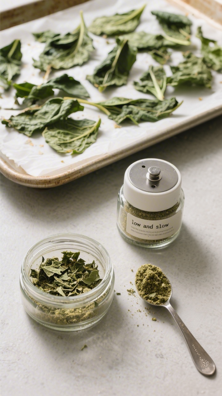 Cooking process: Overhead shot of crisp, fully dehydrated spinach leaves on a parchment-lined baking