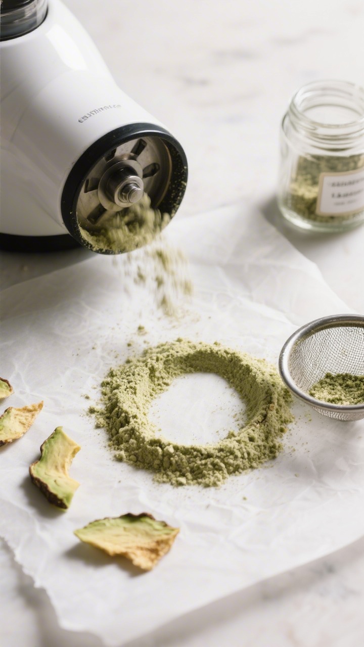 Cooking process: Overhead shot of dehydrated avocado chips being pulsed into a fine powder in a clea