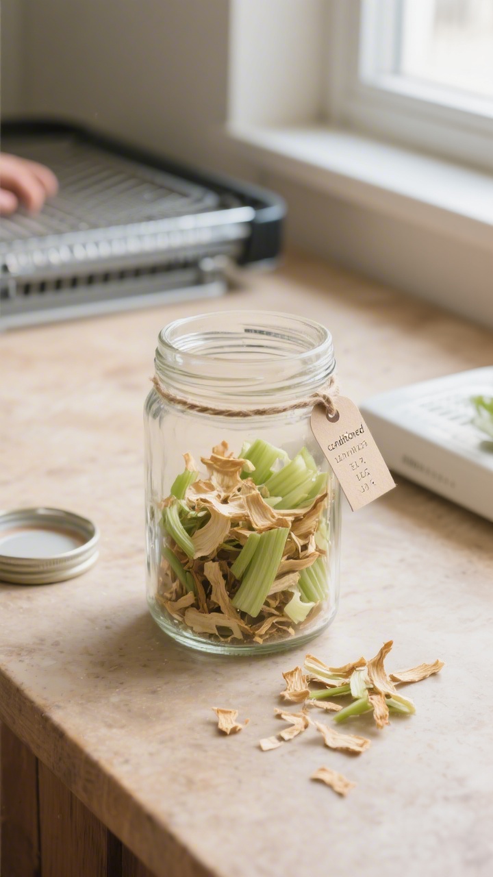 Cooking process: Overhead shot of dehydrated celery flakes being “conditioned” in a wide glass j