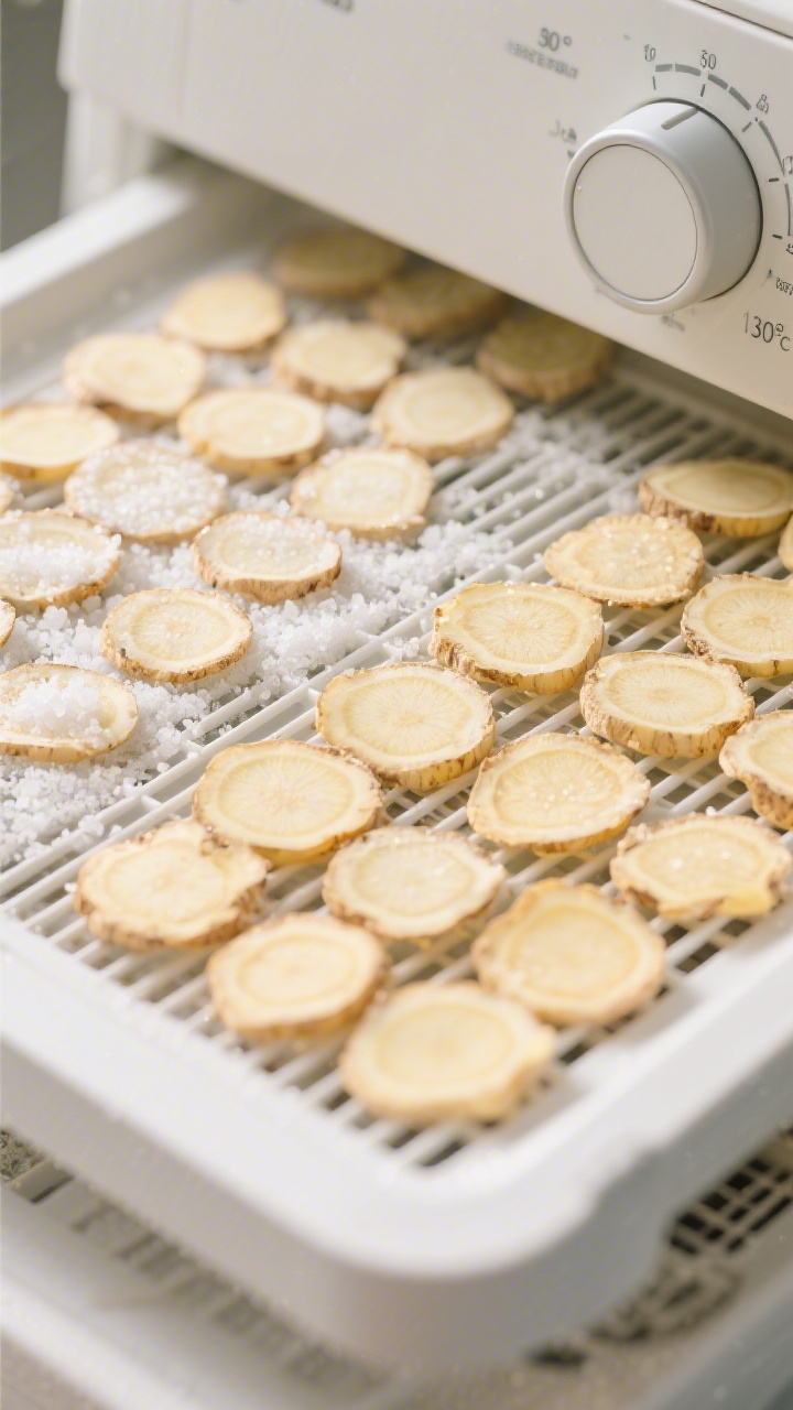 Cooking process: Overhead shot of evenly sliced, blanched ginger rounds arranged in a single, non-ov