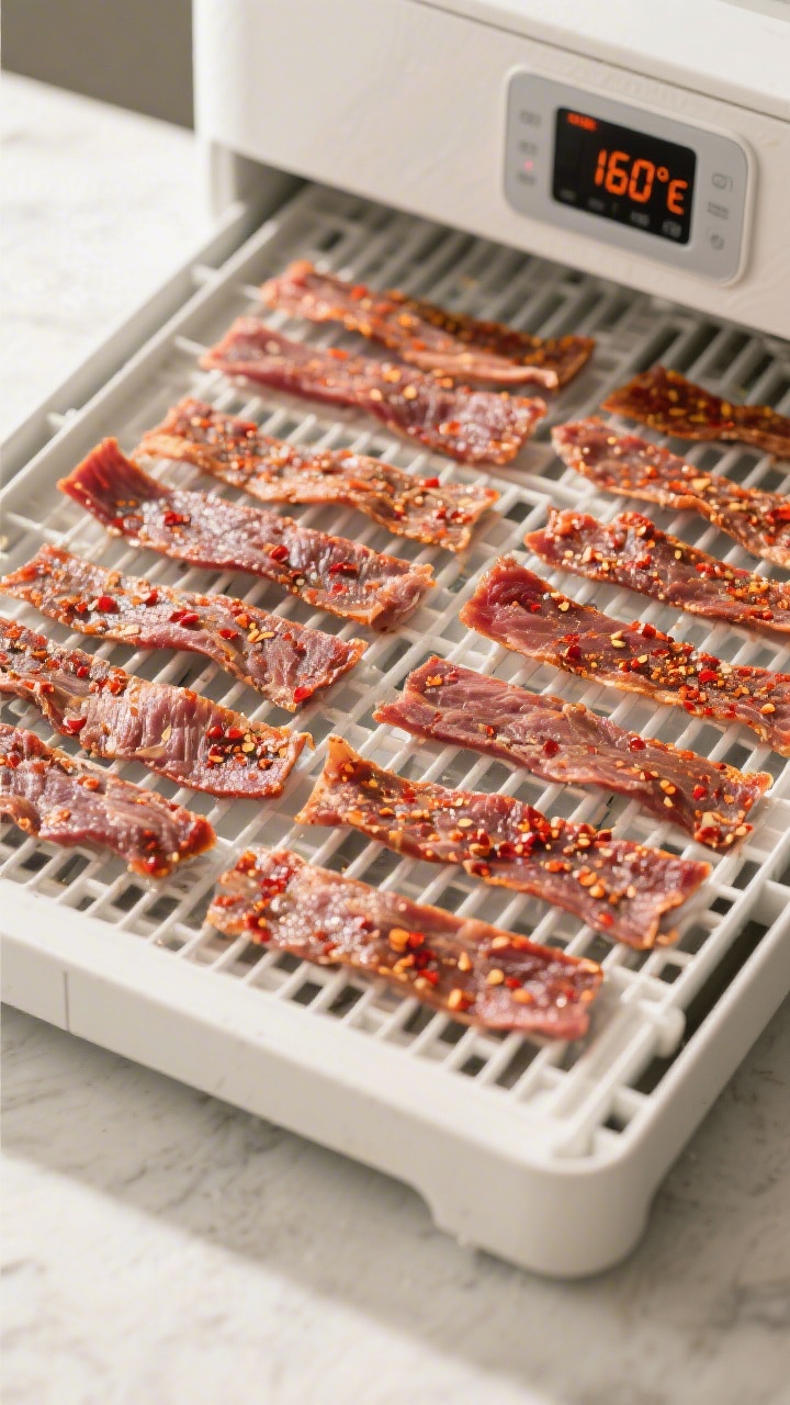 Cooking process: Overhead shot of evenly sliced lamb jerky strips arranged in a single layer on dehy