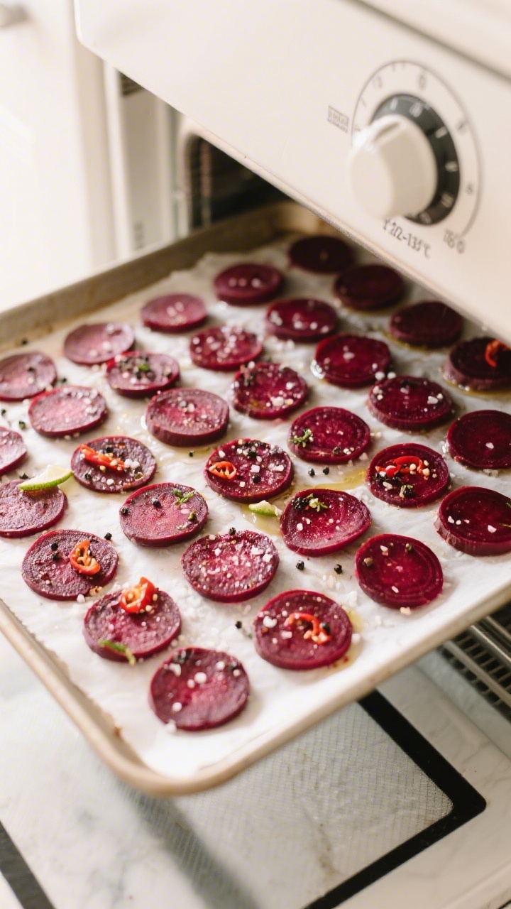 Cooking process: Overhead shot of evenly sliced, seasoned beet rounds laid in perfect single-layer r