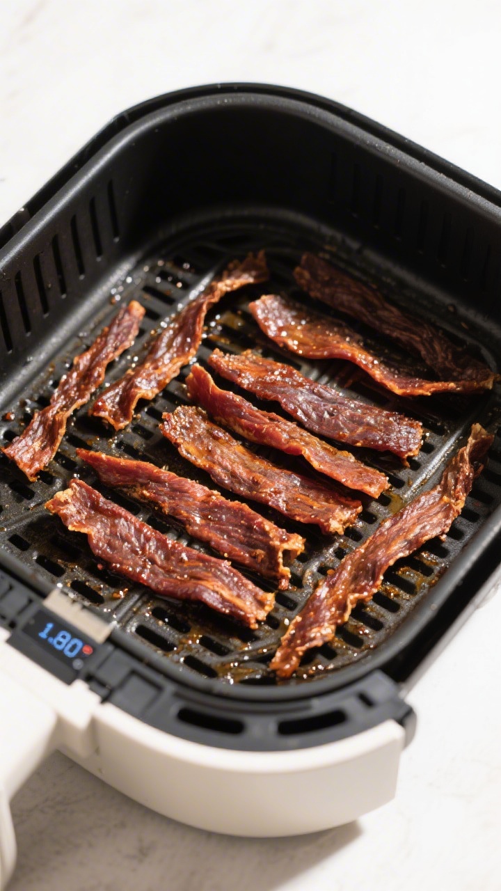 Cooking process: Overhead shot of jerky strips arranged in a single, evenly spaced layer inside an a