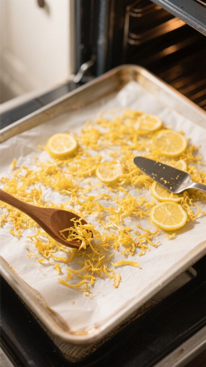 Cooking process: Overhead shot of oven-dried lemon zest on a parchment-lined baking sheet midway thr