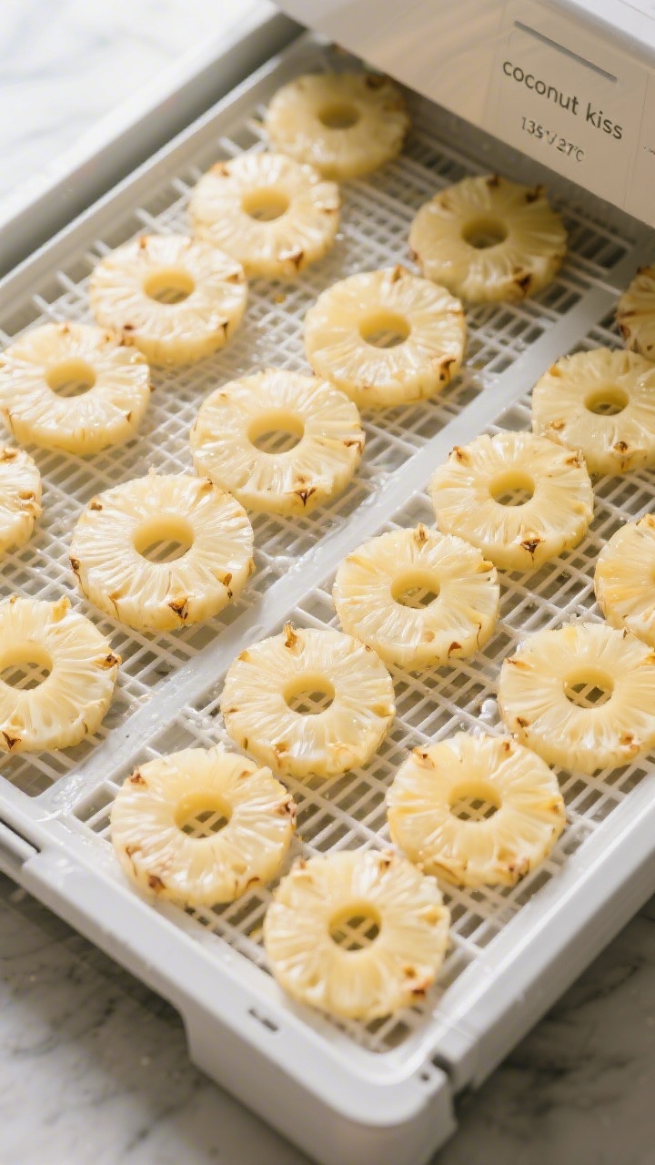 Cooking process: Overhead shot of pineapple rings arranged in a single, non-overlapping layer on deh