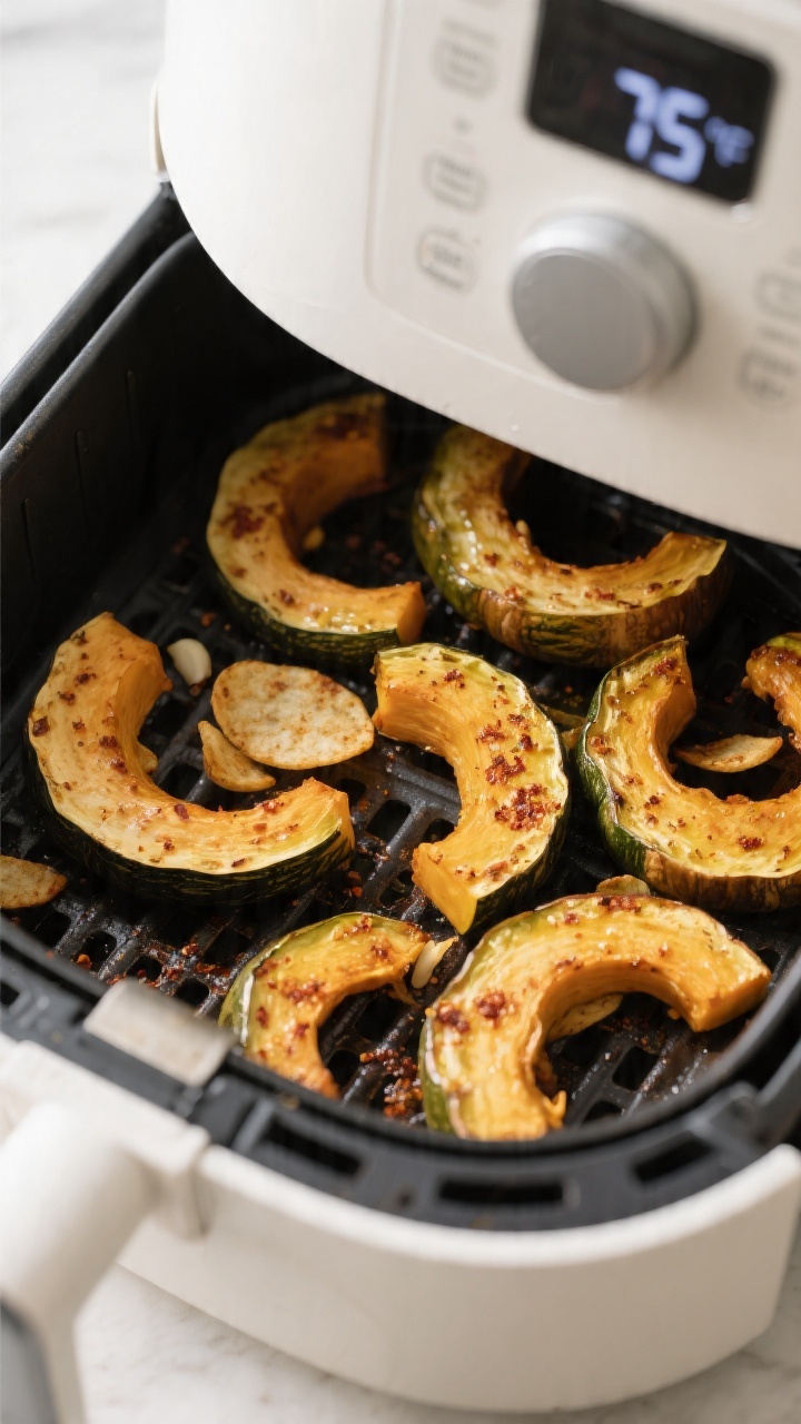 Cooking process: Overhead shot of seasoned acorn squash half-moon slices arranged in a single layer