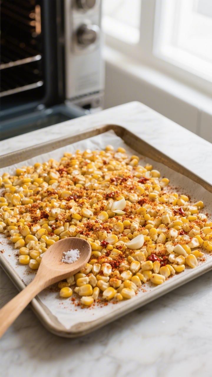 Cooking process: Overhead shot of seasoned corn kernels spread in a single, even layer on a parchmen