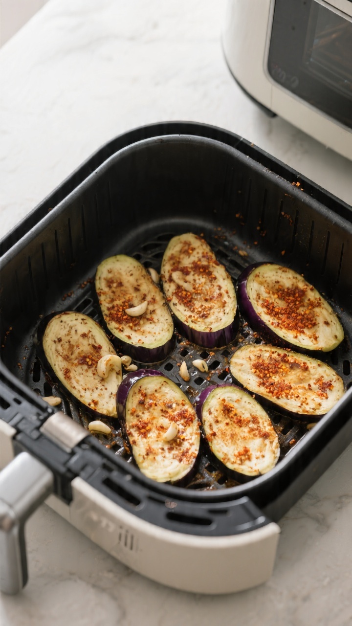 Cooking process: Overhead shot of seasoned eggplant slices arranged in a single, well-spaced layer i