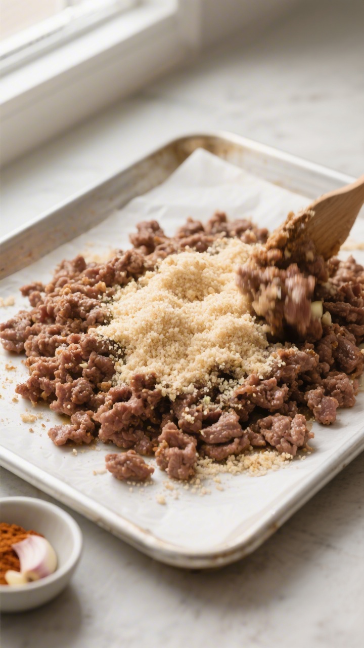 Cooking process: Overhead shot of seasoned, fully cooked ground beef being mixed with a light sprink