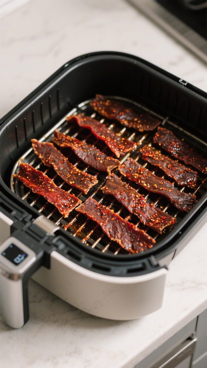 Cooking process: Overhead shot of seasoned jerky strips arranged in a single layer in an air fryer b