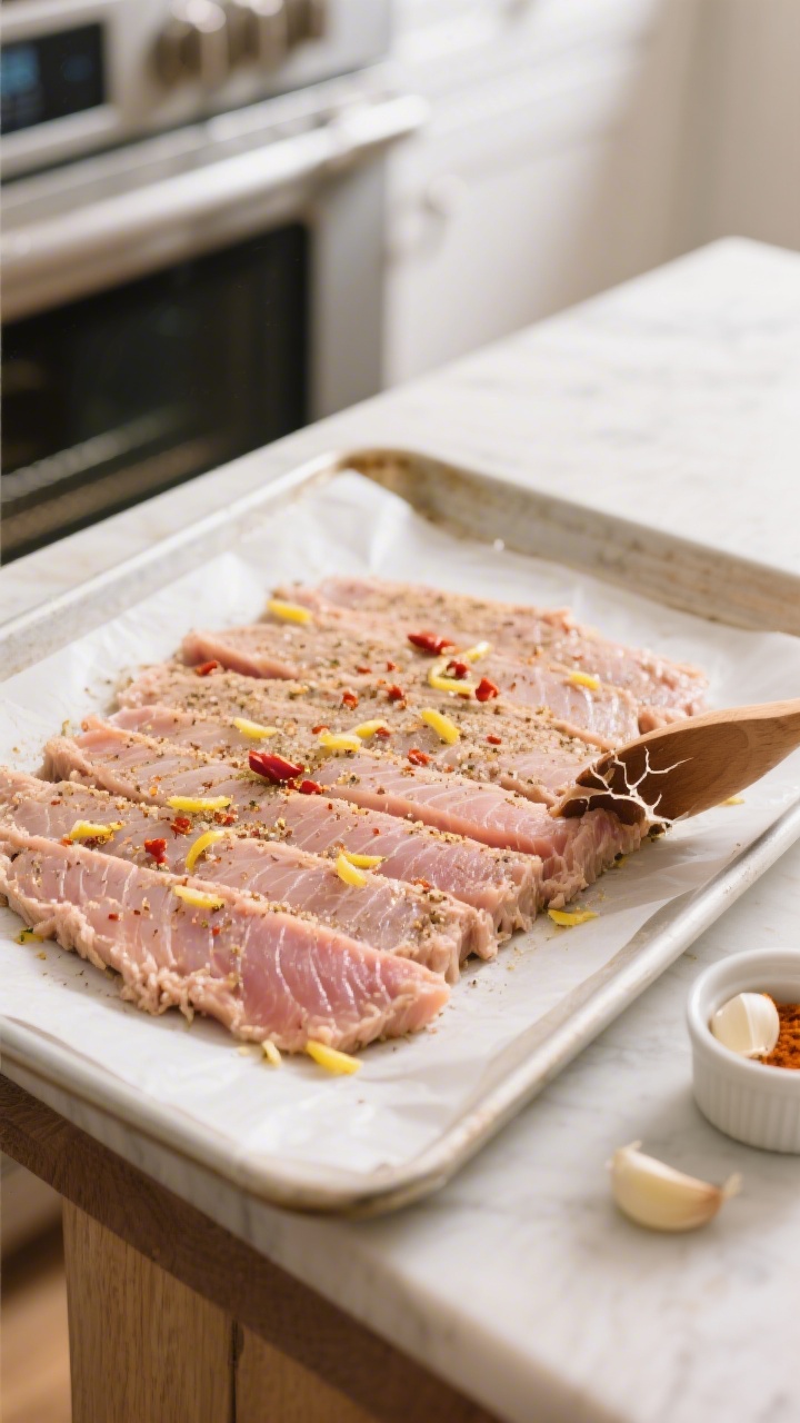 Cooking process: Overhead shot of seasoned tuna being spread in a thin, even layer on a parchment-li