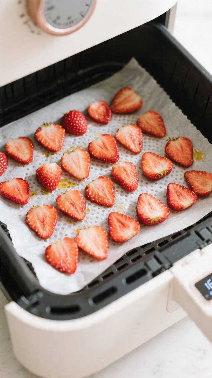 Cooking process: Overhead shot of strawberry slices arranged in a single, non-overlapping layer on a