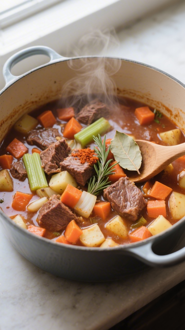 Cooking process: Overhead shot of the stew mid-simmer in a wide pot—beef pieces nestled among dice