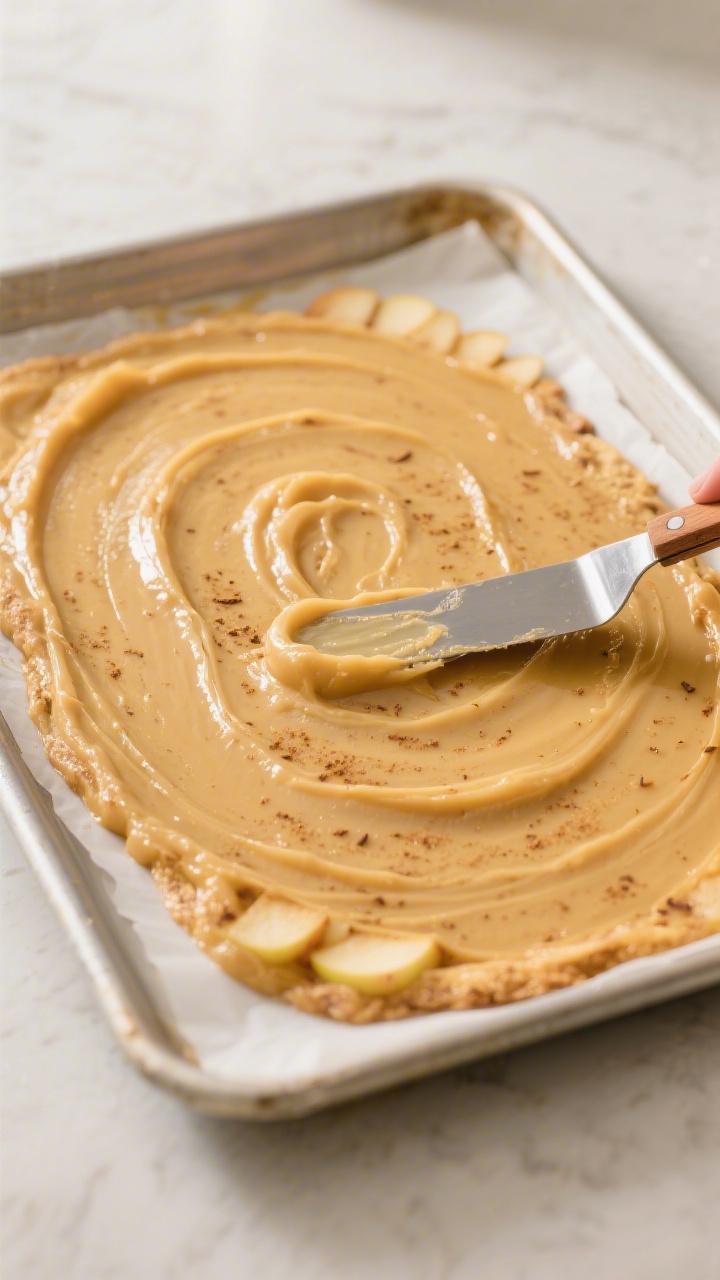 Cooking process: Overhead shot of the thick, silky apple-cinnamon puree being spread with an offset