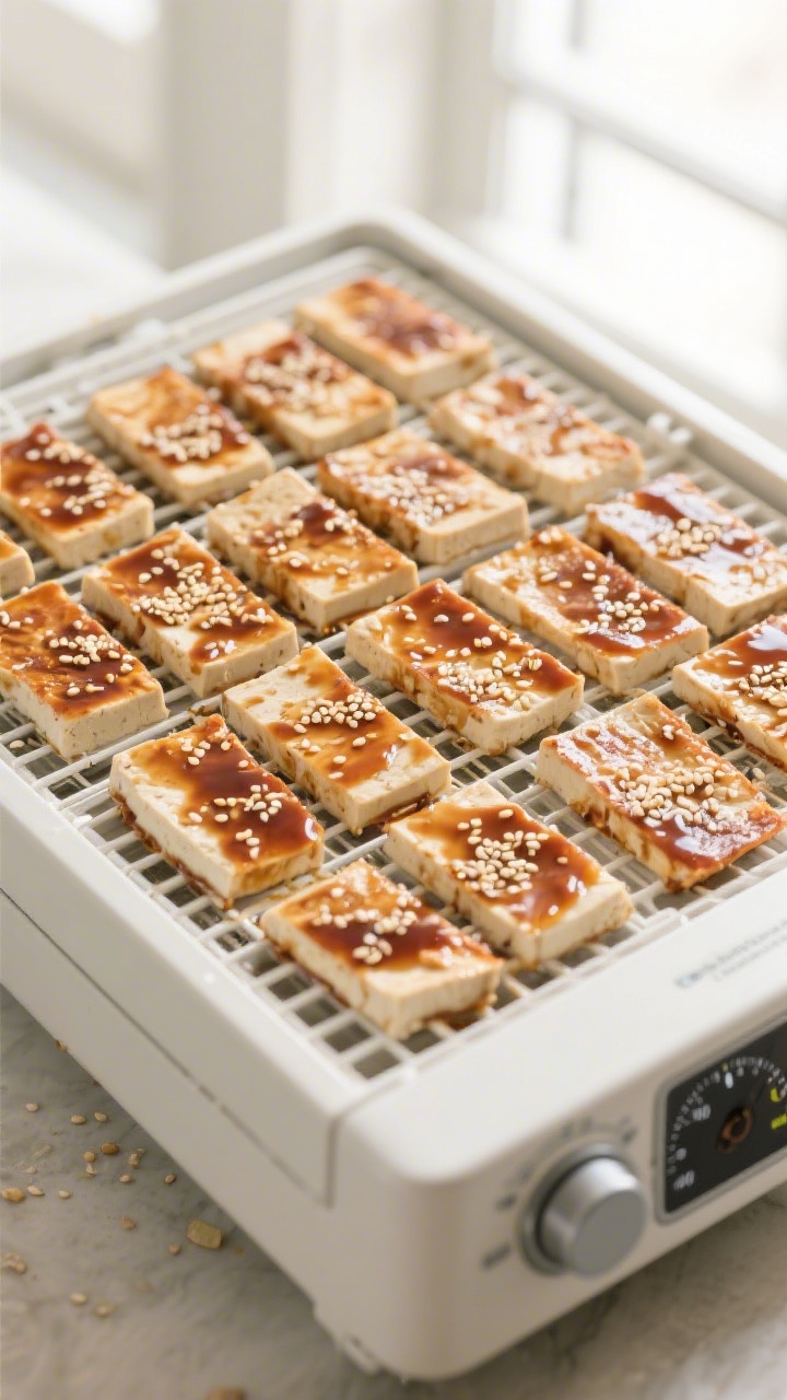 Cooking process: Overhead shot of tofu jerky slices arranged in a single, non-touching layer on dehy
