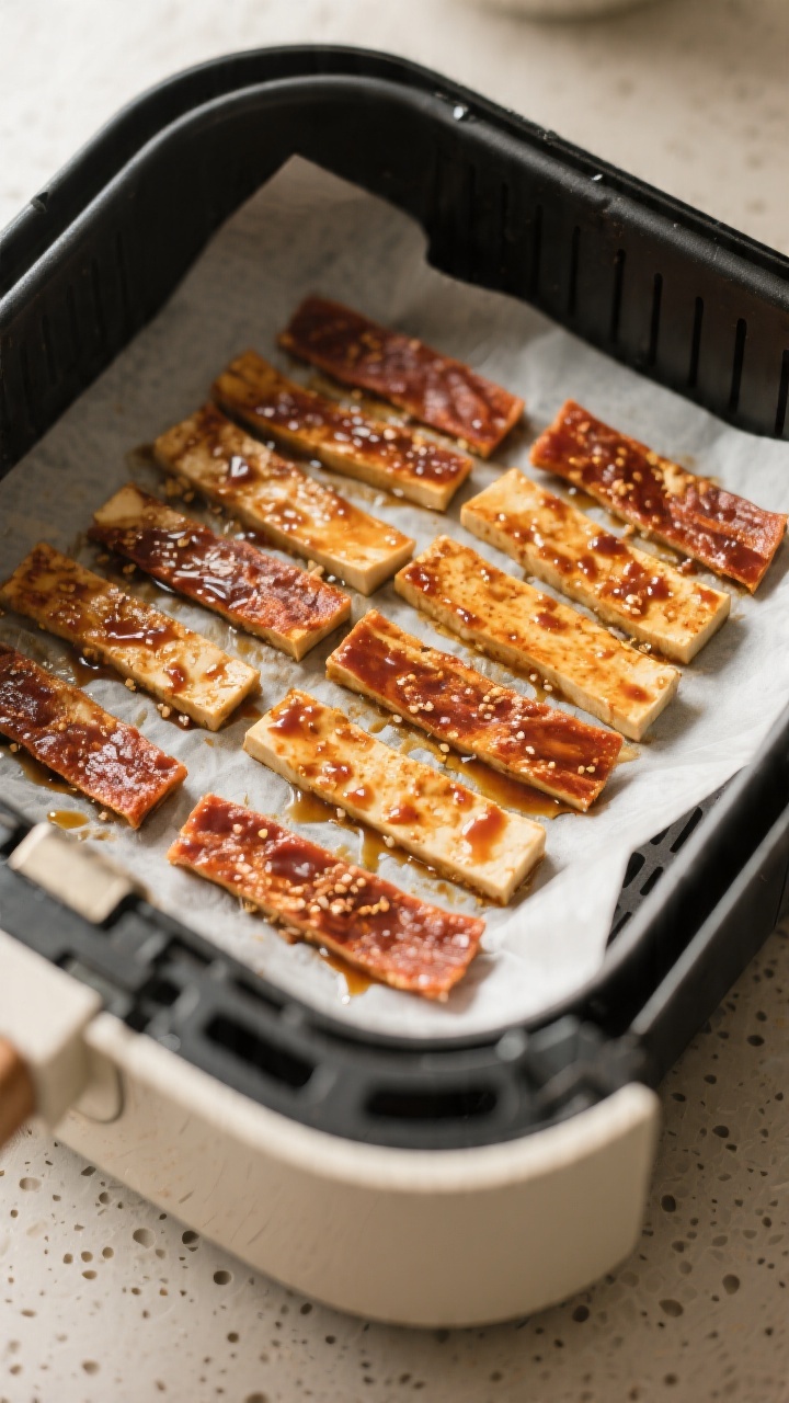 Cooking process: Overhead shot of tofu jerky strips arranged in a single layer inside an air fryer b