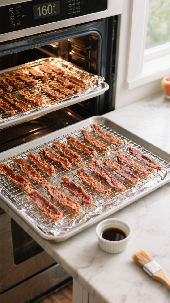 Cooking process: Overhead shot of uniform 1/4-inch ground turkey jerky strips neatly arranged on lig