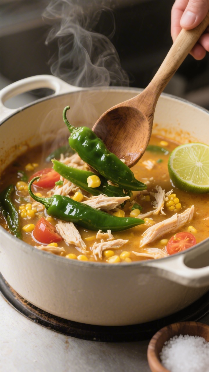 Cooking process: Rehydrated poblano strips being stirred into a simmering pot of chicken tortilla so