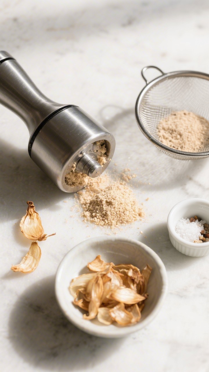 Cooking process scene: Overhead shot of cooled, dehydrated shallots being pulsed in a small stainles