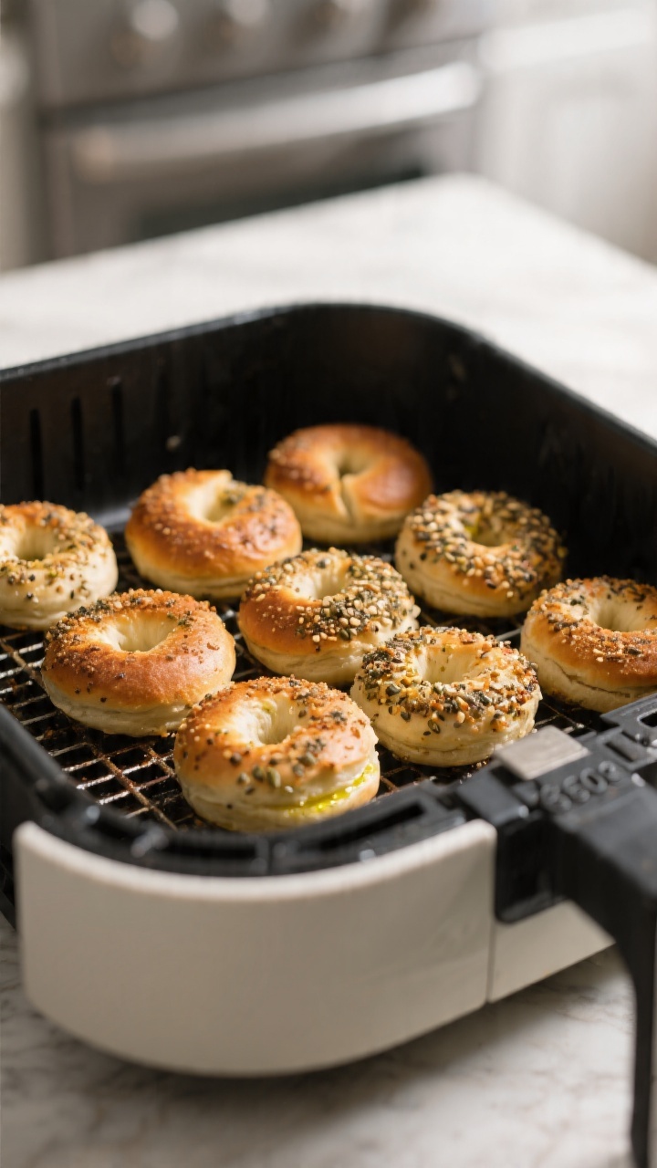 Cooking process: Seam-side-down bagel bites arranged with space in an air fryer basket, mid-cook at