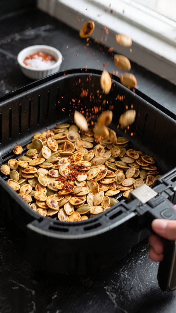 Cooking process shot: air fryer basket pulled out mid-cook, single layer of pumpkin seeds at 350°F