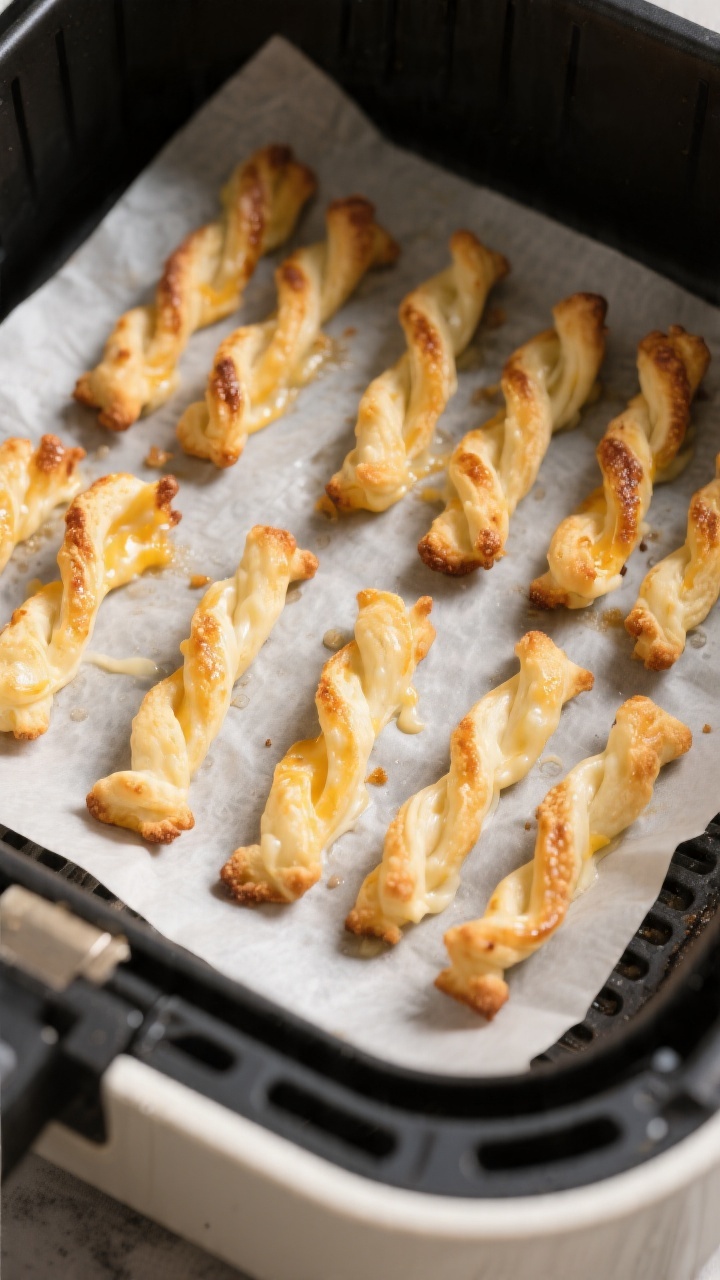 Cooking process shot: chilled, twisted cheese straws arranged with space between them in an air frye