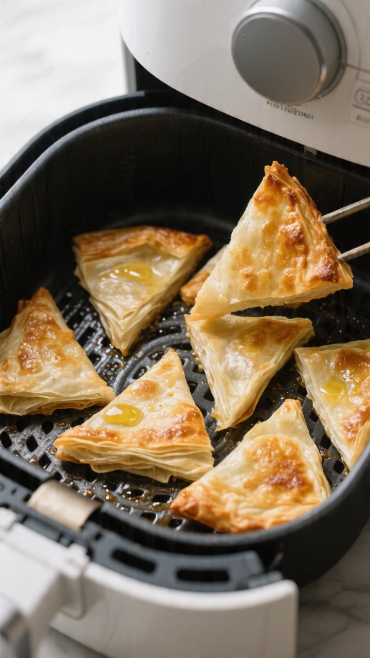 Cooking process shot in the air fryer: a single layer of assembled triangles in the basket with spac