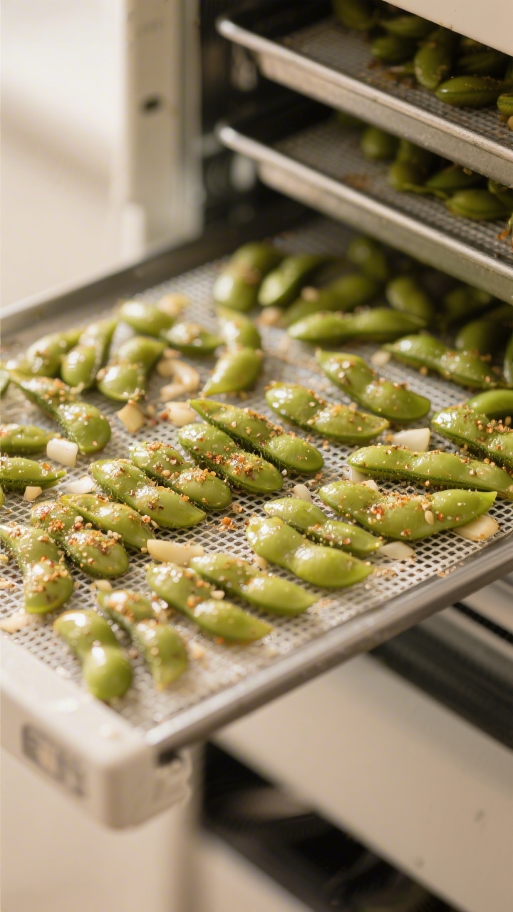 Cooking process shot: single layer of seasoned edamame arranged on a dehydrator tray with mesh inser