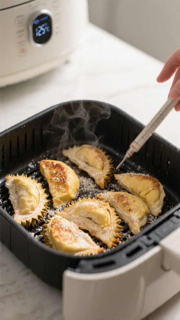 Cooking process: Single layer of seasoned durian slices air-frying in a basket—midway through, lig