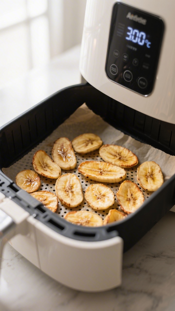 Cooking process: Slices of banana chips in the air fryer basket mid-cook, evenly spaced in a single