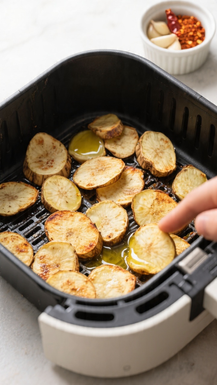 Cooking process: Sunchoke slices arranged in a single layer inside a preheated air fryer basket at 3