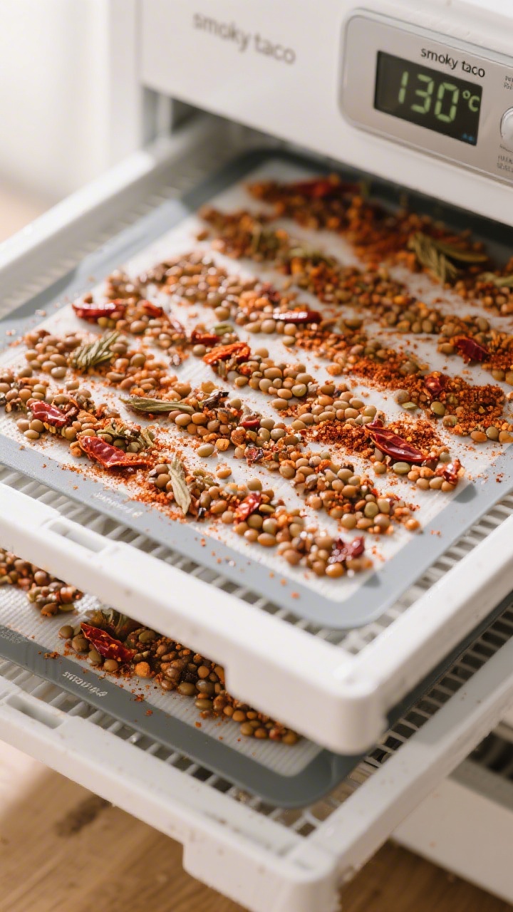 Dehydration stage overhead: Thin, even single layer of seasoned “smoky taco” lentils spread on s