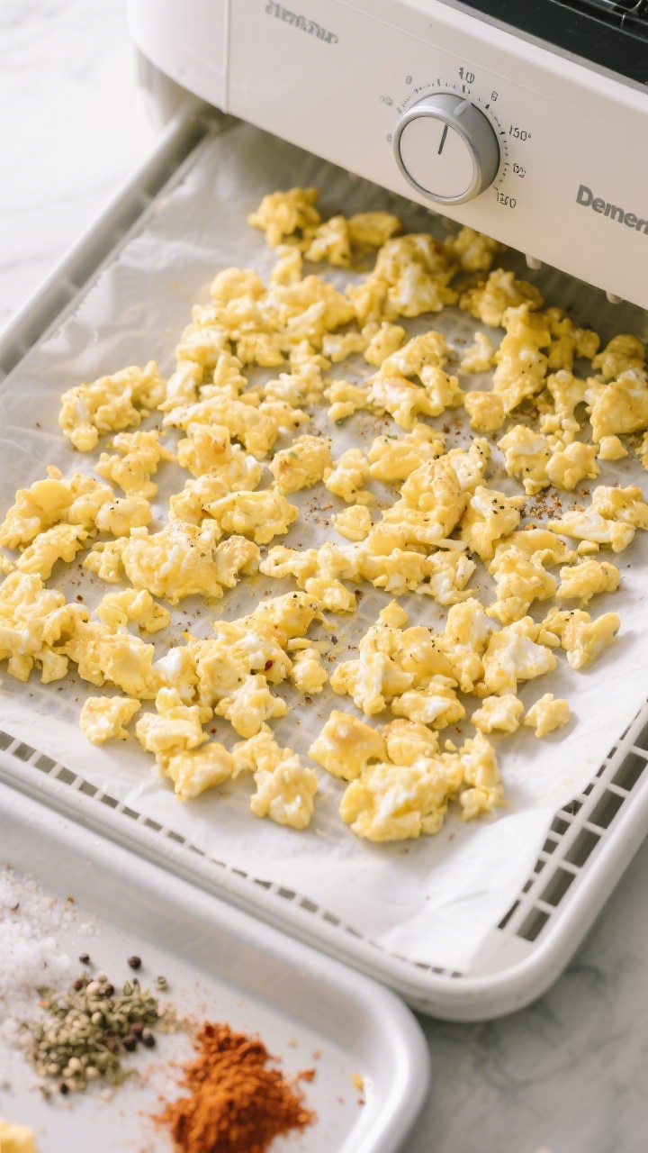 Dehydrator action shot: Overhead shot of evenly crumbled, fully cooked scrambled egg pieces spread i