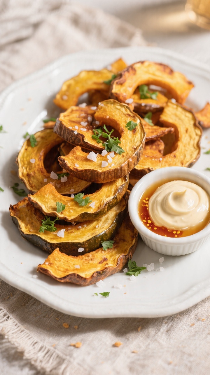 Final dish presentation: Beautifully plated acorn squash chips piled high on a white ceramic platter