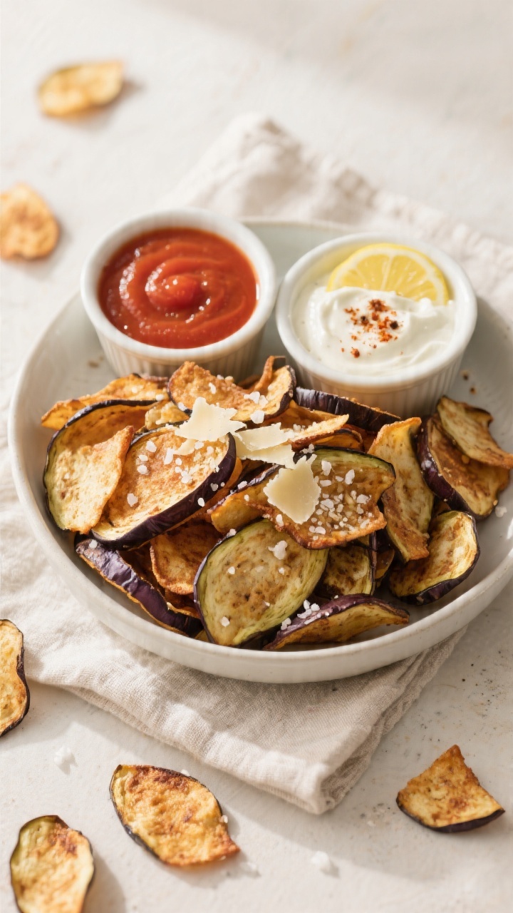 Final dish presentation: Beautifully plated air fryer eggplant chips piled high in a low, wide white
