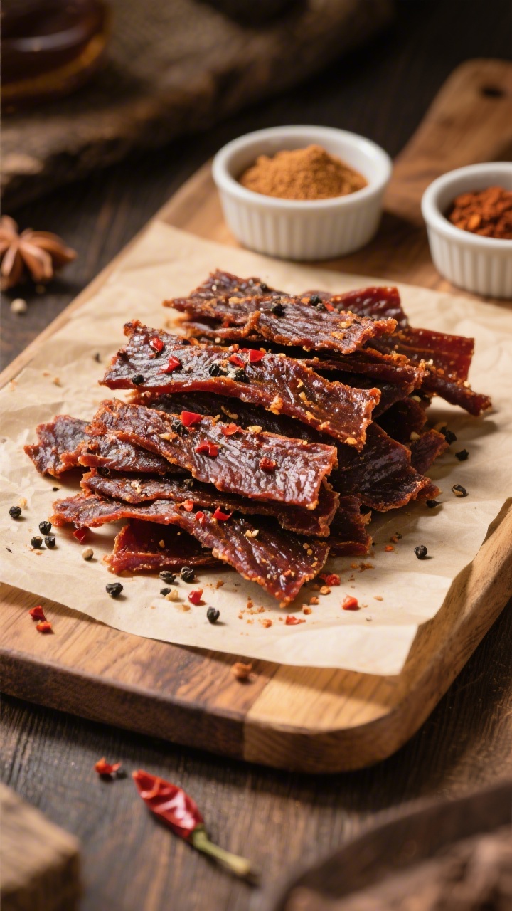Final dish presentation: Beautifully plated air fryer beef jerky on a rustic wooden board with parch