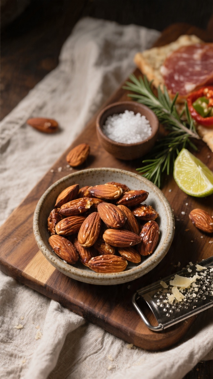Final dish presentation: Beautifully plated Air Fryer Roasted Almonds served in a small stoneware bo