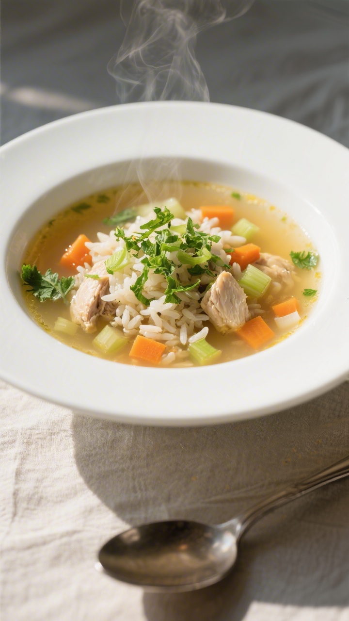 Final dish presentation: Beautifully plated bowl of comforting chicken and rice soup finished with a