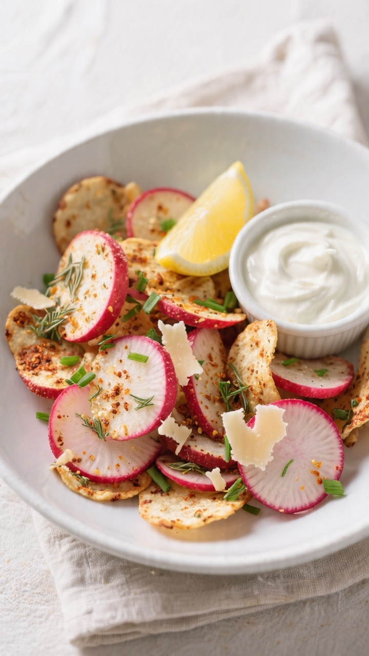 Final dish presentation: Beautifully plated bowl of assorted seasoned radish chips (smoky paprika, r