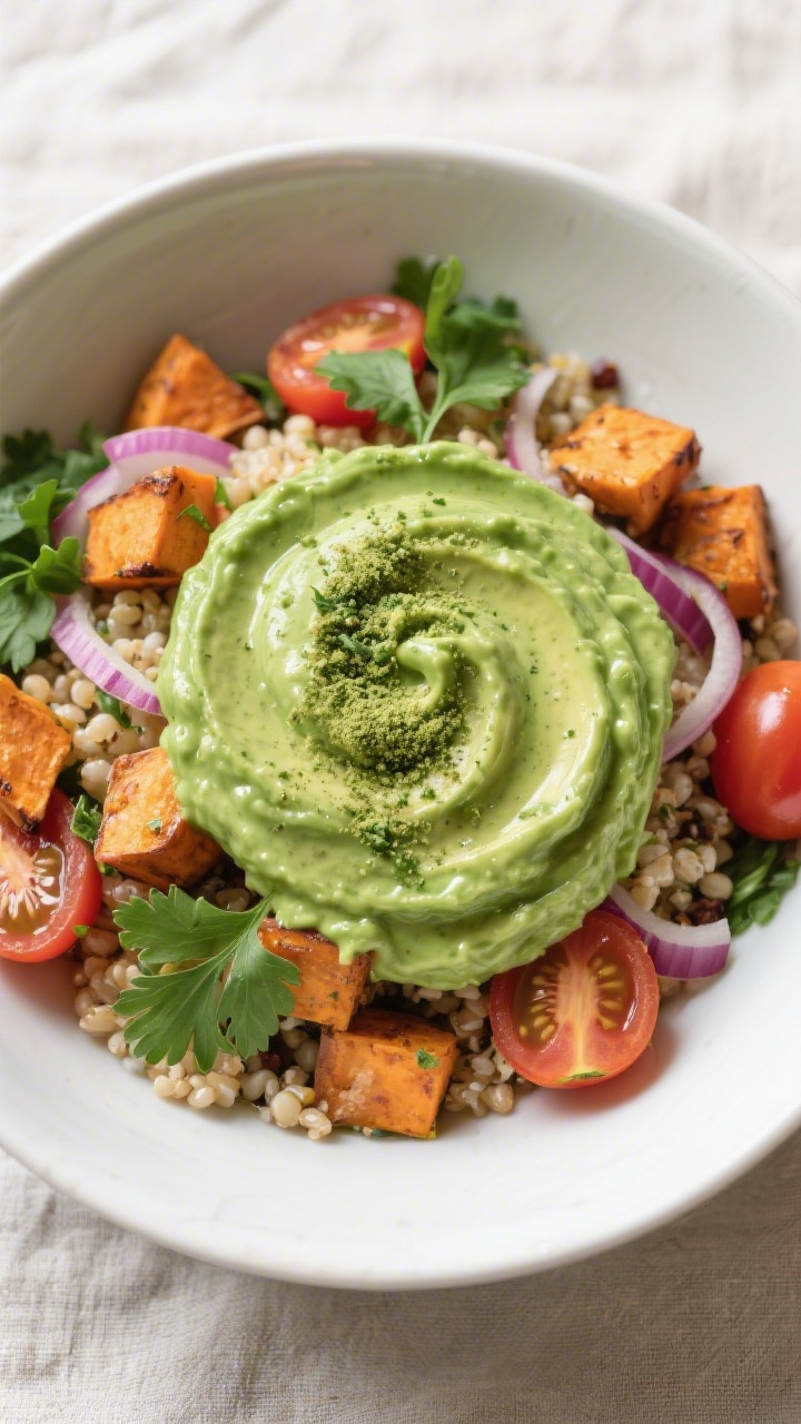Final dish presentation: Beautifully plated creamy avocado dressing made from rehydrated powder, dri