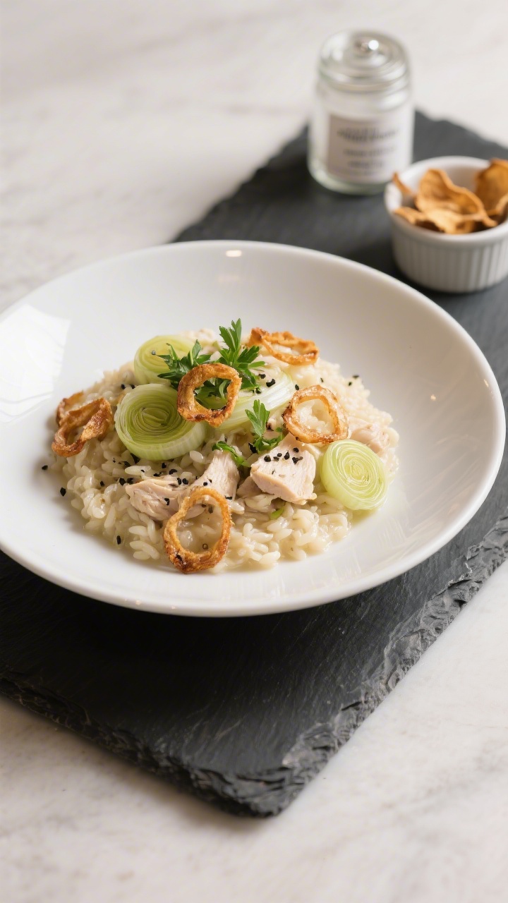 Final dish presentation: Beautifully plated creamy chicken-and-leek risotto topped with a generous s
