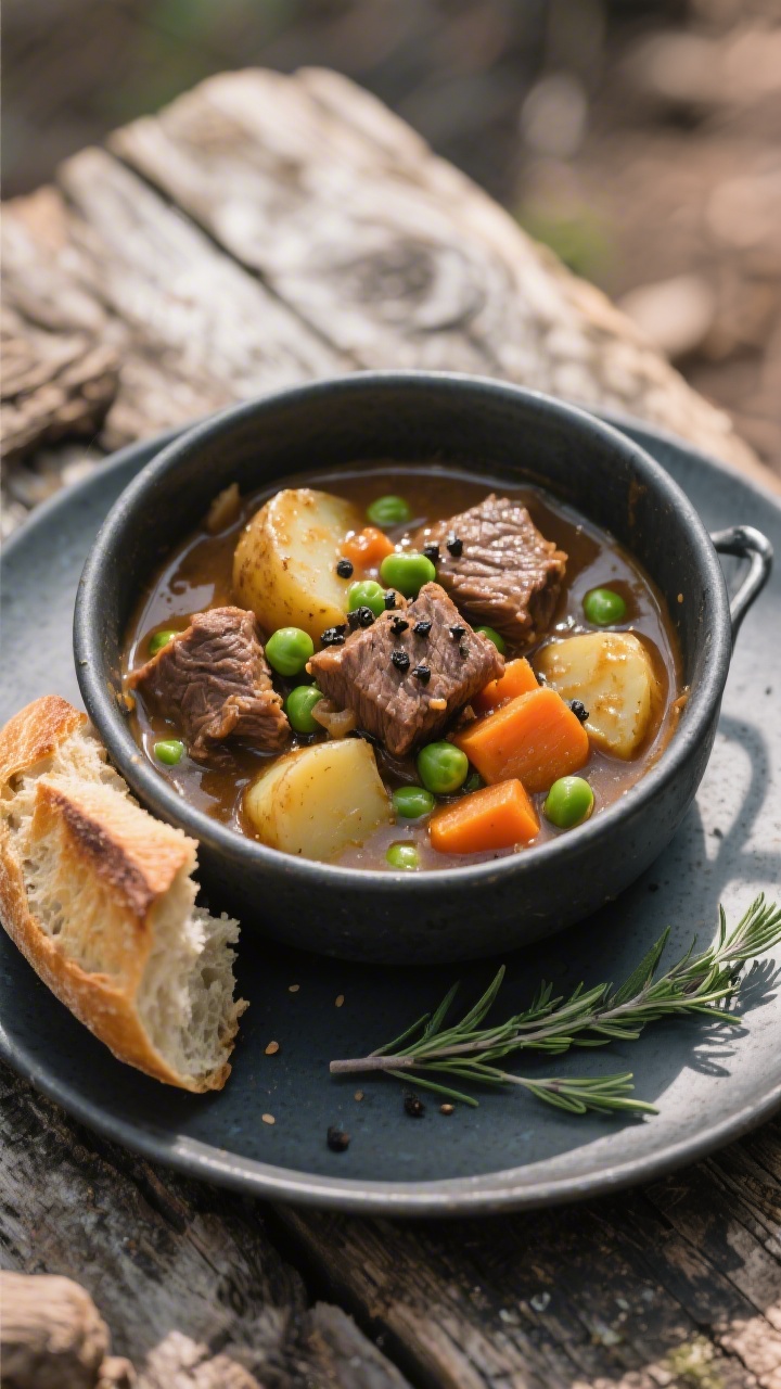 Final dish presentation: Beautifully plated dehydrated-and-rehydrated beef stew served in a matte ch