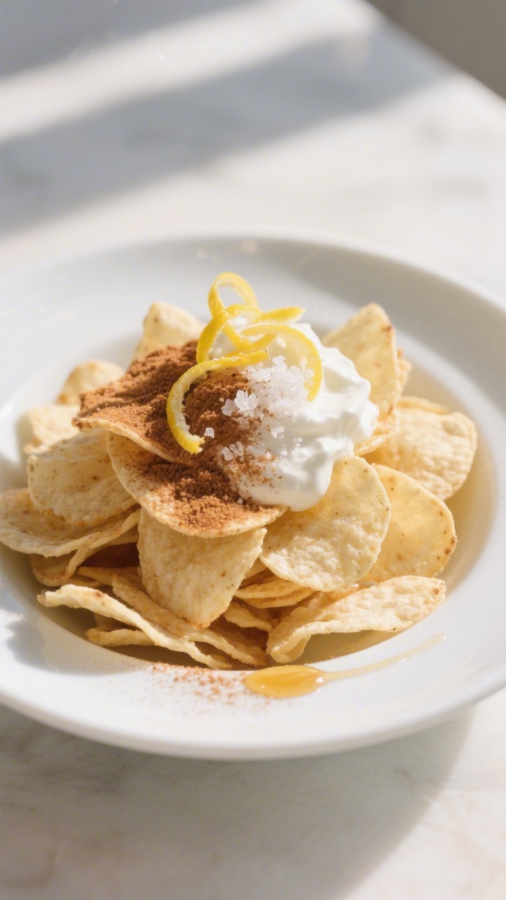 Final dish presentation: Beautifully plated Greek yogurt chips in a shallow white bowl, piled high a