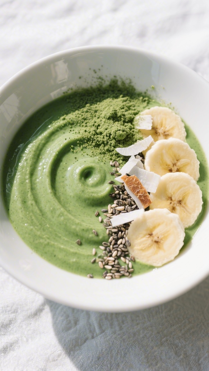 Final dish presentation: Beautifully plated green smoothie bowl enhanced with spinach powder—lush,