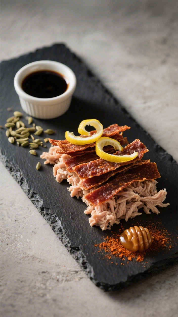 Final dish presentation: Beautifully plated ground turkey jerky on a dark slate board for contrast,