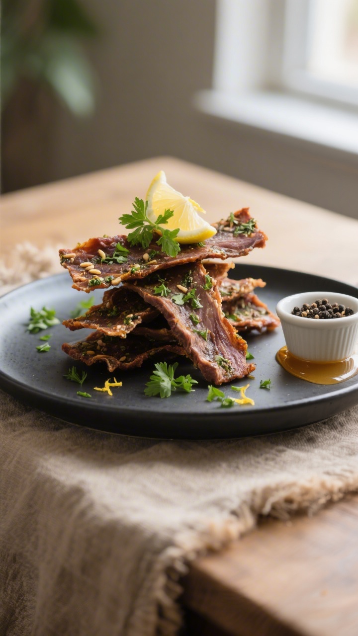Final dish presentation: Beautifully plated herb-marinated lamb jerky on a matte charcoal plate, art
